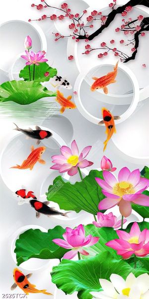Tranh hồ hoa sen trắng bên dòng chữ hán trang trí tường