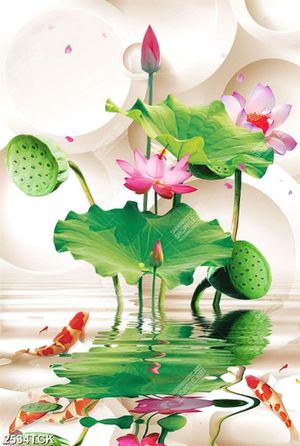Tranh in canvas những bông hoa sen hồng và cá chép