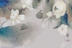 Tranh hoa sen cá chép trên nền xanh xám trang trí tường