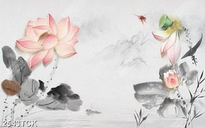 Tranh decor chú chuồn chuồn và hoa sen bên người lái đò