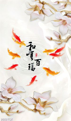 Tranh cá chép bên những bông mộc lan giả ngọc in 5d