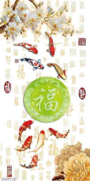 Tranh đàn cá chép giả ngọc bên chữ hán trang trí tường