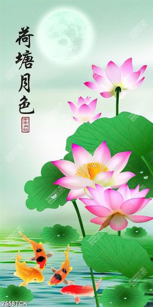 Tranh in canvas hoa sen hồng khoe sắc bên cá chép vàng