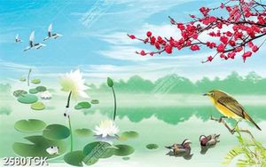 Tranh psd cành hoa đào đỏ tươi khoe sắc tren hồ hoa sen