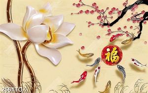 Tranh decor hồ hoa sen trắng và đàn cá chép vàng giả ngọc