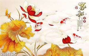 Tranh in uv thủy mạc đầm hoa sen và đàn cá chép vàng