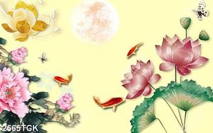 Tranh thủy mạc đầm hoa sen hồng và đàn cá chép in 3d