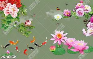 Tranh thủy mạc hoa sen hồng và đàn cá chép vàng psd