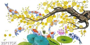 Tranh cá chép bên những bông hoa mẫu đơn in 5d