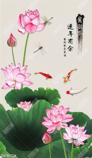 Tranh decor hoa sen hồng và đàn cá chép vàng xinh đẹp