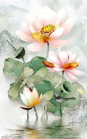Tranh cá chép bên những bông hoa sen hồng giả ngọc