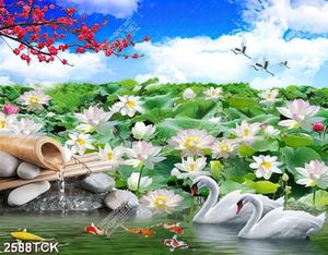 Tranh psd bạt ngàn hoa sen hồng bên đôi thiên nga trắng