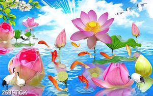 Tranh cành hoa anh đào trắng trên hồ cá chép vàng