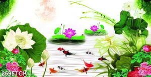 Tranh những bông hoa sen mang sắc đỏ bên chữ hán in 3d