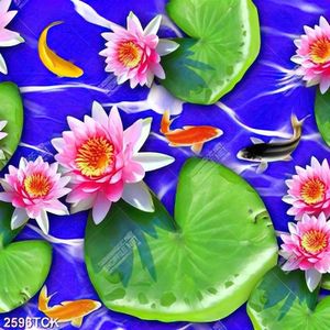 Tranh trang trí hồ hoa sen hồng khoe sắc bên cá chép