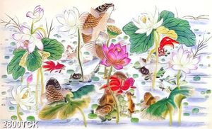 Tranh sơn dầu đàn cá chép trong đầm hoa sen hồng
