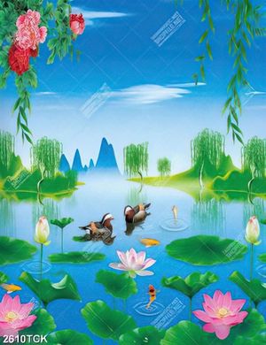 Tranh đôi vịt trời bơi tung tăng trong hồ sen in 3d