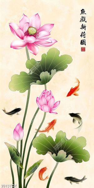 Tranh nghệ thuật hoa sen và đàn cá chép bơi tung tăng