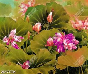 Tranh sơn dầu những bông hoa sen cánh hồng trí tường