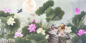 Tranh hai chú vịt trời trong đầm hoa se hồng xinh đẹp