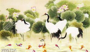 Tranh bông hoa sen hồng và đàn cò trắng trong hồ cá chép
