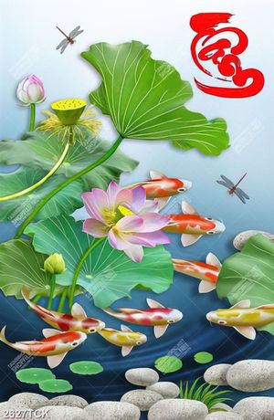 Tranh in canvas đàn cá chép bên bông hoa sen hồng