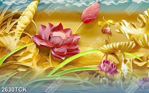 Tranh đàn cá chép bên hồ hoa sen vàng và bướm xinh