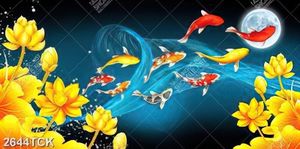 Tranh in tường đàn cá chép bơi tung tăng dưới ánh trăng