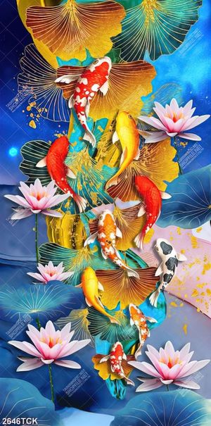 Tranh cá chép bên những bông hoa sen dáp vàng in 3d