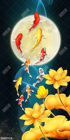 Tranh bông hoa sen dáp vàng trong hồ cá chép dưới trăng
