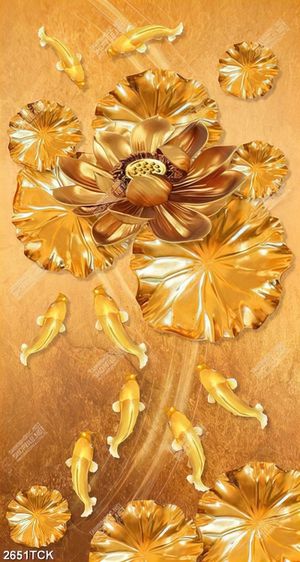 Tranh decor hoa sen và đàn cá chép trong đêm dáp vàng