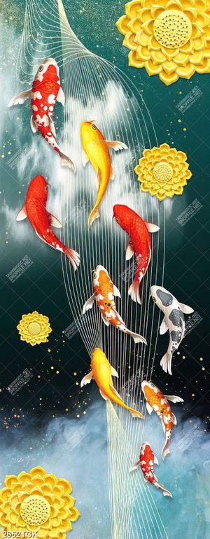Tranh psd đàn cá chép bơi trong làn nước bên hoa sen