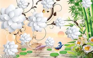 Tranh những bông hoa trắng giả ngọc bên cá chép dán tường