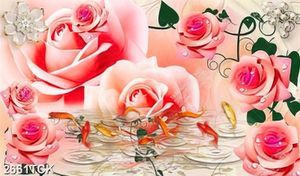 Tranh những bông hoa hồng nhung bên hồ cá chép vàng