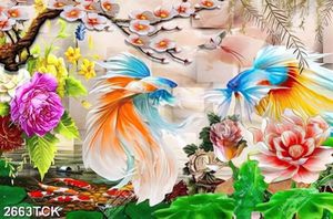 Tranh hoa sen cá chép vàng bên cành hoa anh đào giả ngọc