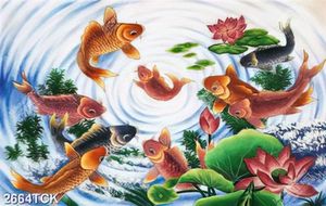 Tranh bông hoa sen khoe sắc xinh đẹp bên hồ cá chép