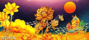 Tranh con tàu lớn trền hồ hoa sen dáp vàng xinh đẹp in 5d