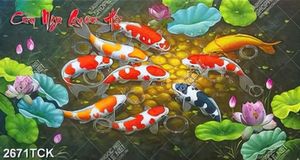 Tranh treo tường đàn cá chép bơi trong đầm hoa sen hồng