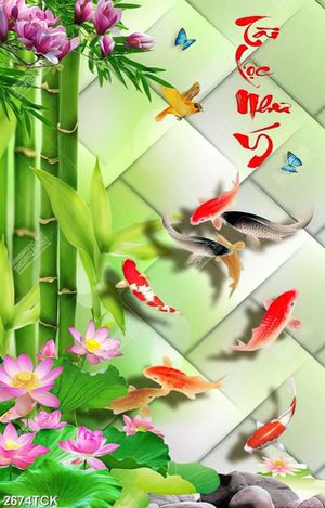 Tranh in tường đầm hoa sen hồng và đàn cá chép vàng