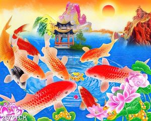 Tranh sơn dầu nhưng chú cá chép vàng bên ngôi chùa nhỏ
