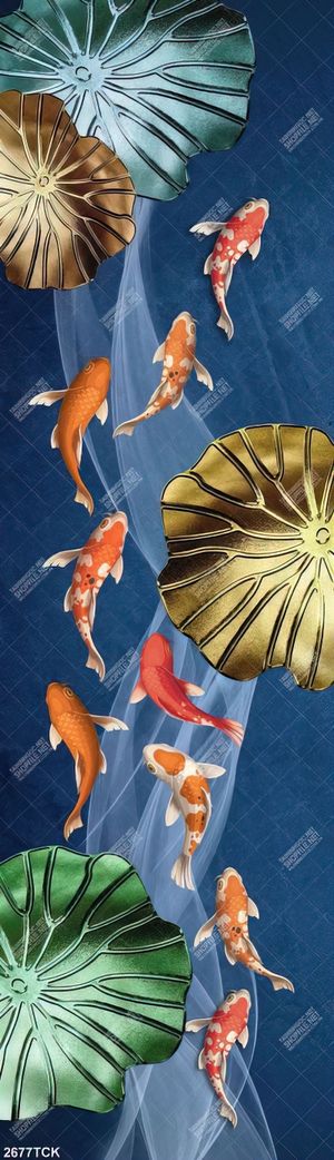 Tranh hoa sen cá chép vàng trong hồ xanh trang trí tường