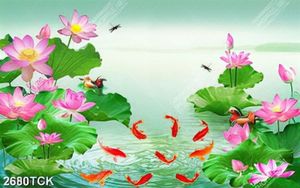 Tranh đầm hoa sen bên những chú cá chép vàng tung tăng psd
