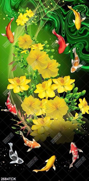 Tranh in uv đàn cá chép bơi tung tăng bên cành mai vàng