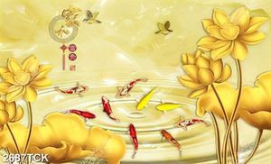 Tranh in canvas những bông hoa sen vàng bên đàn cá chép