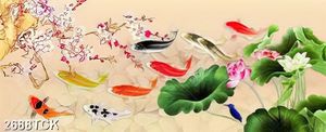 Tranh nghệ thuật hoa sen hồng và cá chép dưới cành hoa đào