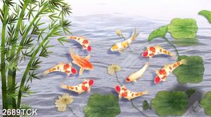 Tranh in tường đầm hoa sen hồng bên đàn cá chép xinh đẹp