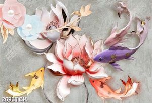 Tranh những bông hoa sen hồng giả ngọc và đàn cá chép