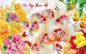 Tranh decor những bông hoa mẫu đơn bên đàn cá koi trắng