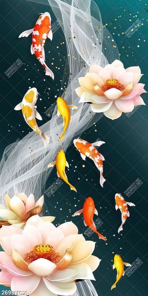 Tranh hồ hoa sen trắng và đàn cá chép vàng bơi giả ngọc psd