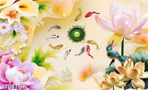 Tranh đàn cá chép bơi tung tăng bên bông sen hồng giả ngọc